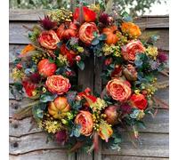 Fall Peony and Pumpkin Wreath-Harvest Fall Wreaths with Pumpkin Peony Maple Leave and Berries Year Round Wreath for Halloween Thanksgiving Harvest Home Decor (45CM)
