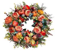 Fall Peony and Pumpkin Wreath - Year Round Wreath, 2026 New Farmhouse Fall Wreaths, Realistic Pumpkin Wreaths Form with Maple Leaves and Berries, for Thanksgiving, Halloween (40cm/15.7in,1PC)