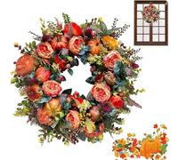 Fall Peony ands Pumpkin Wreaths, Year Round Wreath, Autumn Front Door Wreath with Maple Leaves and Berries, Farmhouse Decor for Thanksgiving and Halloween (15.7in)