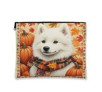 Fall Samoieds, trousse per il trucco con cane, 17,8 x 22,8 cm, borsa da viaggio, borsa per cosmetici con stampa vintage autunnale con foglie d'acero e zucca, regalo per donne, organizer portatile con