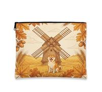 Fall Shiba Inu Borsa per il trucco del cane, borsa da viaggio vintage con mulino a vento per donne, regali per ragazze, organizer portatile con cerniera in tela piccola e autunnale, 17,8 x 22,9 cm