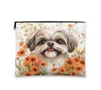 Fall Shih Tzu Borsa per il trucco con cane 17,8 x 22,9 cm, borsa da viaggio, borsa per cosmetici con stampa floreale autunnale ad acquerello per donne, organizer portatile con cerniera in tela