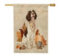Fall Springer Spaniel Dog Front Yard Linen, Bandiere verticali per la casa, 28 x 40 cm, double-face, per esterni, bandiera autunnale con zucca, caffè, ghianda, casa, cuccioli, animali domestici