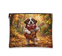Fall St. Bernard Dog Makeup Bag, Holiday Forest Guitar Cosmetic Travel Pouch per donne, regali per ragazze, organizer portatile con cerniera in tela piccola autunnale, 17,8 x 22,9 cm
