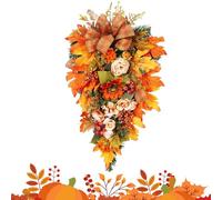 Fall Teardrop Swag - 19.69x12.6 Inches Handmade Flower Maple Berry Wreath for Harvest Festival, Holiday Decorators with Autumn Colors, Artificial Wreath for Apartment, Coffee Shop, Ready to