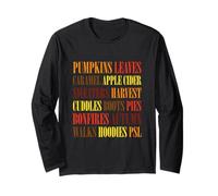 Fall Vibes Word Art Cozy Autumn Leaves Pumpkins Sidro Tee Maglia a Manica