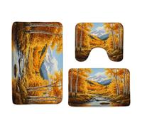 Fall Waterfall Birch Tree River Leaves Mountain Autumn Nature Landscape Harvest Rustic Copriwater Set 3 Pezzi, Tappetino Da Bagno Resistente Tappeto Con Profilo A U Per La Casa Doccia