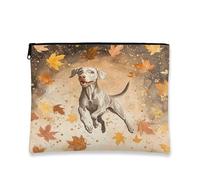 Fall Weimaraner Borsa per il trucco con cane, borsa da viaggio di lusso con foglia d'acero autunnale per donne, piccola borsa portatile in tela con cerniera, borsa da toilette per animali domestici