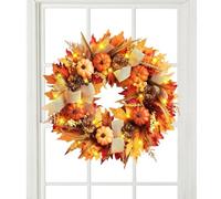Fall Wreath - Harvest Pumpkin Decor | Maple Leaves wreaths | 17.7 Inch Vine Base, Silk Bow Accent, ABS Craft, Weather Resistant, for Front Door Porch Wall Window Holiday Party