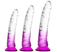 Fallo a ventosa combinato viola trasparente sfumato - 3 misure (piccola, media, grande), senza uova, gioco a mani libere, piacere anale e vaginale. Pene realistico per principianti e utenti avanzati