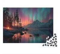 Falò sulla riva di un lago nordico Puzzle Per Adulti |Aurora boreale| 1000pcs (75x50cm) Puzzle Giochi EduGattoivi,decorazioni Per La Casa