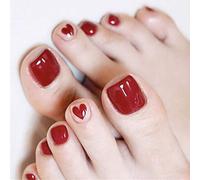 False Toe Nails Red Acrylic Stick on Toeails False Feet Nails Heart False Toenails Full Cover Fake Toenails 24Pcs for Women and Girls