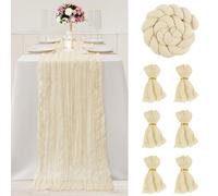 FALSKT Runner Tavola Moderno Runner da Tavolo Boho Garza Runner Beige 400×90cm Tulle Trasparente per Interni Feste Vacanze Matrimoni, 6PCS tovaglioli di stoffa, 6PCS Anelli Portatovaglioli