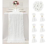 FALSKT Runner Tavola Moderno Runner da Tavolo Boho Garza Runner Bianco 300×90cm Tulle Trasparente per Interni Feste Vacanze Matrimoni, 6PCS tovaglioli di stoffa, 6PCS Anelli Portatovaglioli