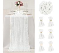 FALSKT Runner Tavola Moderno Runner da Tavolo Boho Garza Runner Bianco 400×90cm Tulle Trasparente per Interni Feste Vacanze Matrimoni, 6PCS tovaglioli di stoffa, 6PCS Anelli Portatovaglioli