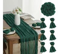 FALSKT Runner Tavola Moderno Runner da Tavolo Boho Garza Runner Verde Scuro 400×90cm Tulle Trasparente per Interni Feste Vacanze Matrimoni, 6PCS tovaglioli di stoffa, 6PCS Anelli Portatovaglioli