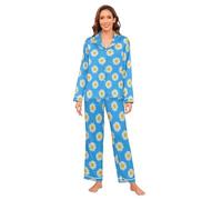 Falso Glitter Cartoon Daisy Fiore Blu Donne Raso Pigiama Set Classico Button Down Piuma Polsino Carino Pigiama Set Singolo Partito M pigiama de parejas hombre y mujer manica lunga loungewear 2 pezzi