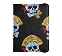 Falso Glitter Cartoon Pirate Skull Nero Cuoio decorativo porta passaporto per gli uomini di viaggio Vaccino Caso Protector Cover Documenti Organizer Holder Accessori Ultra Slim, Falso Glitter cartone