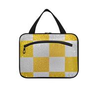 Falso Glitter Scacchiera Quadrati Bianco Giallo Appeso Articolo Borsa da Viaggio con Gancio, Designer Impermeabile Kit Rasatura Borse per Uomo per le Donne Must Hotel bolso para maquillaje L
