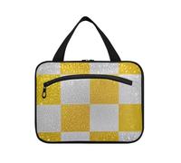 Falso Glitter Scacchiera Quadrati Bianco Giallo Appeso Makeup Bag con scomparti con gancio, Designer Unisex Snack Bag per Accessori Must Haves Viaggiare bolso de maquillaje para Mujer L