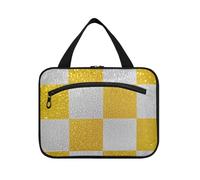 Falso Glitter Scacchiera Quadrati Bianco Giallo Hanging Toiletry Bag Uomo con gancio, Designer Chic Borsa con scomparti per Viaggio Donne Crociere Maleta para maquillaje L