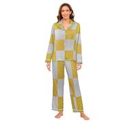 Falso Glitter Scacchiera Quadrati Bianco Giallo Seta Pigiama Set Morbido Manica Lunga Piuma Polsino Carino Pigiama Set Damigella D'Onore M bata para dormir de mujer manica lunga loungewear 2 pezzi