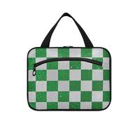 Falso Glitter Scacchiera Quadrati Bianco Verde Appendere Toiletry Bag per le Donne con Gancio, Designer Unisex Borse da Uomo per Viaggio Must Haves Travel maleta para maquillaje L