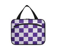 Falso Glitter Scacchiera Quadrati Bianco Viola Appeso Borsa da viaggio per articoli da toeletta con gancio, Designer Essentials Kit da barba per le donne Bagno bolsas de maquillaje para Mujer L