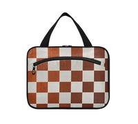 Falso Glitter Scacchiera Quadrati Dorato Bianco Appeso Make up Bag per le Donne con Gancio, Designer Chic Toiletry kit per le Donne Vacanza bolsas de maquillaje para Mujer L