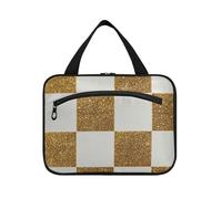 Falso Glitter Scacchiera Quadrati Oro Bianco Appeso Oggetto Personale Borsa Da Viaggio con Gancio, Designer Lavabile Sacchetto Cosmetico per Viaggio Must Haves Viaggiare bolso de maquillaje para