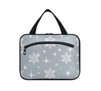 Falso Glitter Silver Star appeso grande borsa da toilette con gancio, design lavabile make up bag per signore toilette estuche para guardar maquillaje L, Stella argento glitter finto, Large