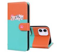 FALUWONRU per iPhone 11 Carte di Credito Custodia in Pelle Cover Apple 11 a libro Magnetica Custodia Custodia a Portafoglio di Cane e Gatti Cartoon per Donne,Arancione&Blu Cielo