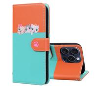FALUWONRU per iPhone 16 Pro Max Carte di Credito Custodia in Pelle Cover Apple 16 Pro Max a libro Magnetica Custodia Custodia a Portafoglio di Cane e Gatti Cartoon per Donne,Arancione&Blu Cielo