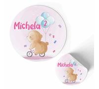 FAMÀ - Etichette Adesive Personalizzate Compleanno Bimbi Orsetto Rosa Ø 38 mm - Sticker Personalizzati con Nome e Data 175pz