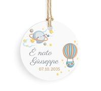 FAMÀ - Tag Bigliettini Bomboniere Personalizzati Mongolfiera - Cartoncini Personalizzabili Tondi 38 mm per Nascita, Battesimo 24pz