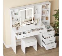Fameill - computer per fasciatoio con specchio e luci, fasciatoio per trucco con 5 cassetti, computer per il trucco con stazione di ricarica e ampio stoccaggio, fasciatoio con sedia per camera da