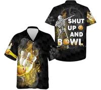 famesale 3D Fiammeggiante Bowling Birilli Stampa Uomo Camicia con Bottoni Cool Camicia da Bowler Bowling Squadra Uniforme Club Camicia Hawaiana Top