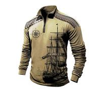 famesale Polo Vintage da Uomo Felpa a Maniche Lunghe con Stampa di Barche a Vela Polo con Mezza Cerniera angosciata Top Motociclista Pullover