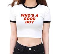 famesale Ragazze Femminili Y2K Crop Tops Who's A Good Boy Lettera Stampa Cropped T-Shirt O-Neck Tshirt a Maniche Corte