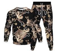 famesale Set Tuta da Uomo Felpa a Maniche Lunghe Stampata in 3D con Catena d'oro + Pantaloni da Jogging Abito Stile Barocco Set 2 Pezzi Abbigliamento Sportivo