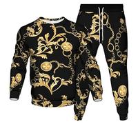 famesale Set Tuta da Uomo Felpa a Maniche Lunghe Stampata in 3D con Catena d'oro + Pantaloni da Jogging Abito Stile Barocco Set 2 Pezzi Abbigliamento Sportivo