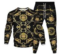 famesale Set Tuta da Uomo Felpa a Maniche Lunghe Stampata in 3D con Catena d'oro + Pantaloni da Jogging Abito Stile Barocco Set 2 Pezzi Abbigliamento Sportivo