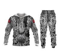 famesale Tuta da Uomo Set Completo Viking Warrior Felpa con Cappuccio Stampata in 3D e Joggers Set Hip Hop Due Pezzi Set Casual Sportswear Set