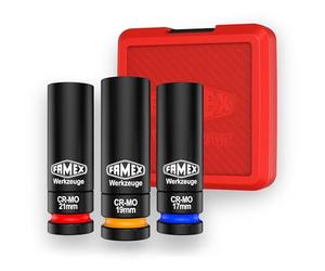 FAMEX 10807 - Chiave a bussola, inserti per bulloni delle ruote, in acciaio al cromo-molibdeno, resistente agli urti, chiavi a percussione, gusci girevoli, 1/2", set da 17/19/21 mm