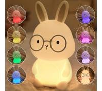 FAMIDUO Luce Notturna Neonato Coniglio con Gli Occhiali, Lampada da Comodino LED Ricaricabile in Silicone, Cambio Colore al Tocco, Dimmerabile a 3 Livelli/Timer, Lampada Notturna per Bambini