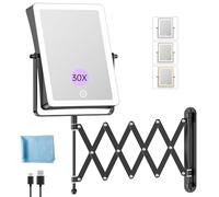 Famihomii 5000mAh Specchio Trucco con Luci Ricaricabile, 8,7″ Doppio Uso 1X/30X Ingrandimento, Specchio Ingranditore da Parete, 3 Temperature di Luce, Regolabile in Luminosità, Girevole 360° (Nero)