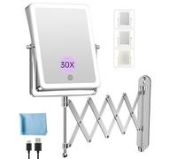 Famihomii 5000mAh Specchio Trucco con Luci Ricaricabile (Cromo) | 8,7″ Doppio Uso 1X/30X Ingrandimento,Specchio Ingranditore da Parete,3 Temperature di Luce,Regolabile in Luminosità, 360°