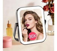 Famihomii Specchio ingranditore 1X/30X, 3000 mAh, ricaricabile da viaggio, con illuminazione, specchio cosmetico con luce a tre colori e regolazione continua, specchio da viaggio illuminato (nero)
