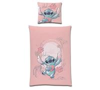 Familando Lilo e Stitch - Biancheria da letto per bambine, 135 x 200 cm, 80 x 80 cm, in 100% cotone con chiusura lampo, set di biancheria da letto con motivo Stitch Aloha (rosa)