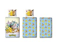 Familando Pokemon Set di biancheria da letto da 3 pezzi, 135 x 200 cm, 80 x 80 cm, con lenzuolo con angoli 90 x 200 cm, motivo: Pokémon Pikachu azzurro · Biancheria da letto per bambini 100% cotone